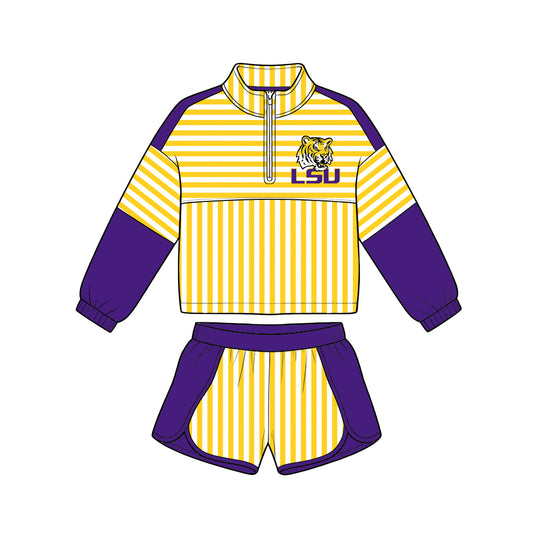 Preorder (moq 5)Baby Girls Yellow Stripe Louisiana Zip Pullovers Short Team Clothes Set