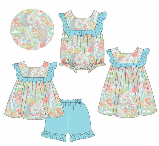 Preorder moq 5 Custom Baby Girls Blue Sleeveless Watercolor Floral Tunic Ruffle Short Set Knee Length Dress Rompers