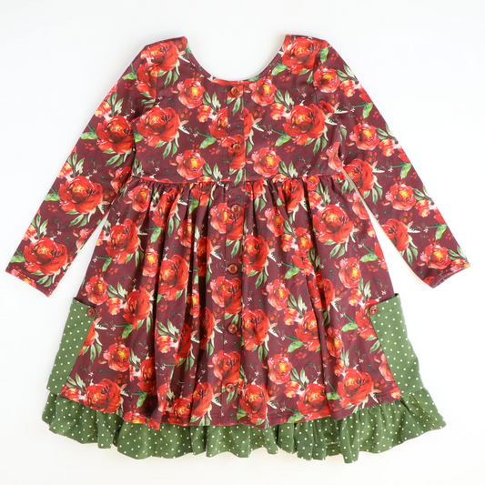 Baby Girls Rose Flowers Fall Pockets Knee Length Dresses Preorder(moq 5)