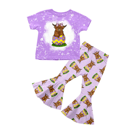 Baby Kids Easter Purple Highland Cow Top Bell Pants Girls Clothes Sets preorder(MOQ 5)