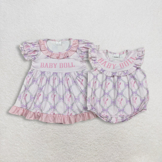 Sibling Baby Girls Baby Doll Flowers Bows Checked Collar Tunic Ruffle Rompers