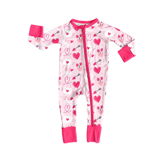 Preorder (moq 20)Baby Girls Bamboo Pink Hearts Be Mine Valentine Zippy Footie Rompers