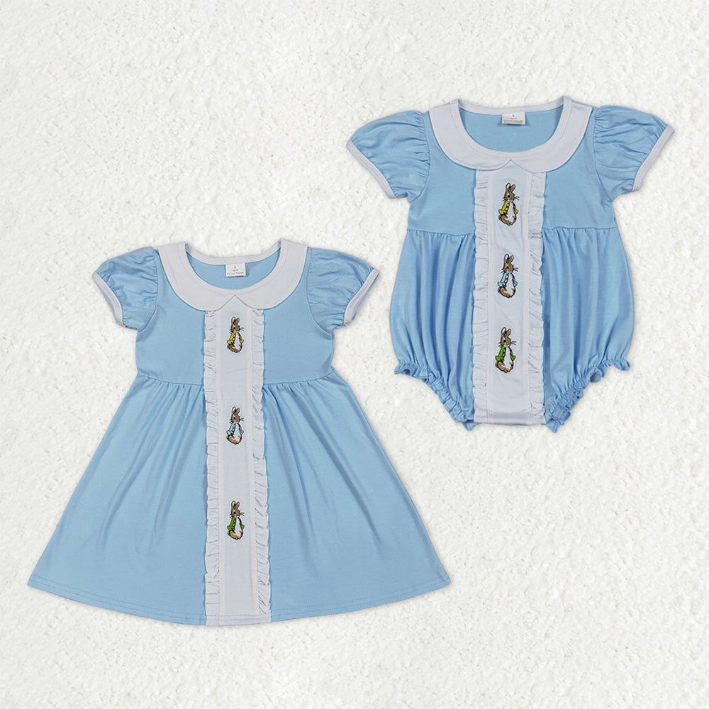 Sibling Baby Girls Short Ruffle Sleeve Embroidery Rabbits Easter Knee Length Dresses Ruffle Romper