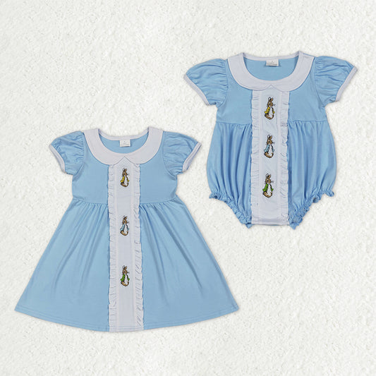 Sibling Baby Girls Short Ruffle Sleeve Embroidery Rabbits Easter Knee Length Dresses Ruffle Romper