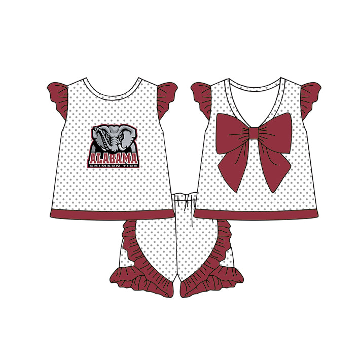 Preorder (moq 5)Baby Girls Alabama Elephants Polka Dots Back Bow Tunic Ruffle Shorts Team Clothes Sets