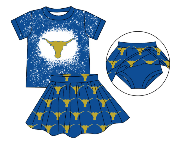 Preorder (moq 5)Baby Girls Blue Cow Top Bummie Skorts Team Sets