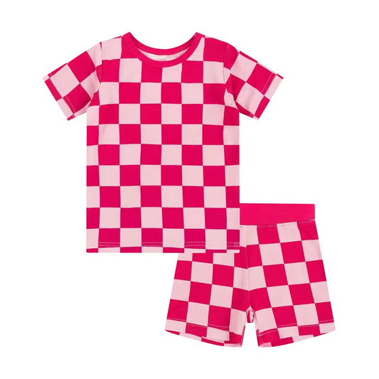 Baby Girls Pink Checkered Tee Top Shorts Pajamas Outfits Preorder(moq 5)