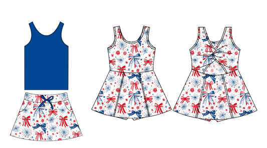 Preorder moq 5 Custom Baby Girls Navy Sleeveless Top Bows Stars Pockets Skort 4th Of July Yoga Set Knee Length Dress