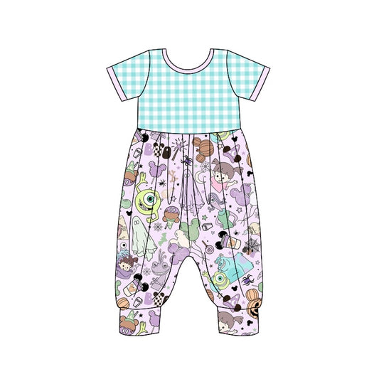 Baby Girls Checkered Monster Short Sleeve Jumpsuits Preorder(moq 5)