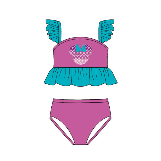 Baby Girls Cartoon Purple Princess Mouse Ruffle Two Pieces Bikini Swimsuits preorder(moq 5)