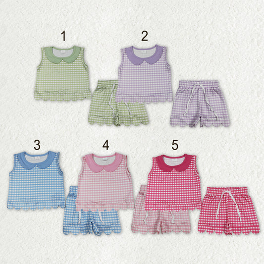 Sibling Baby Girls Short Sleeve Collar Checked Top Pockets Shorts Scallop Clothes Sets