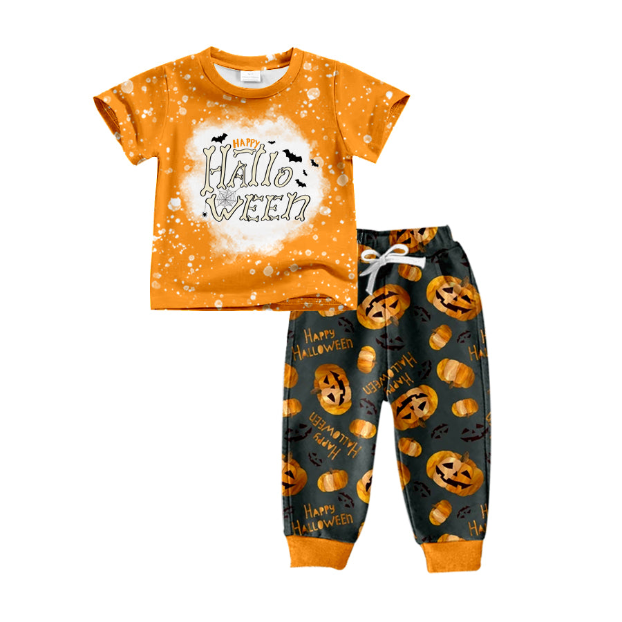 Baby Boys Halloween Shirt Top Pumpkin Pants Pajamas Clothes Sets Preorder(moq 5)