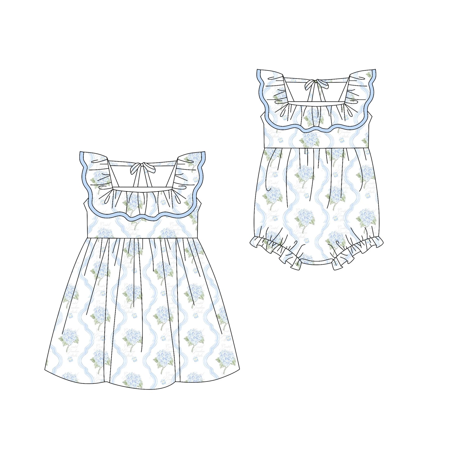 Preorder moq 5 Custom Baby Girls Blue Floral Knee Length Dress Rompers