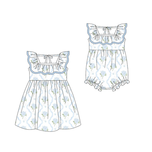 Preorder moq 5 Custom Baby Girls Blue Floral Knee Length Dress Rompers