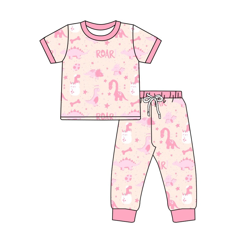 Baby Girls Dinosaurs Roal Pink Shirt Pants Pajamas Clothes Sets Preorder(moq 5)