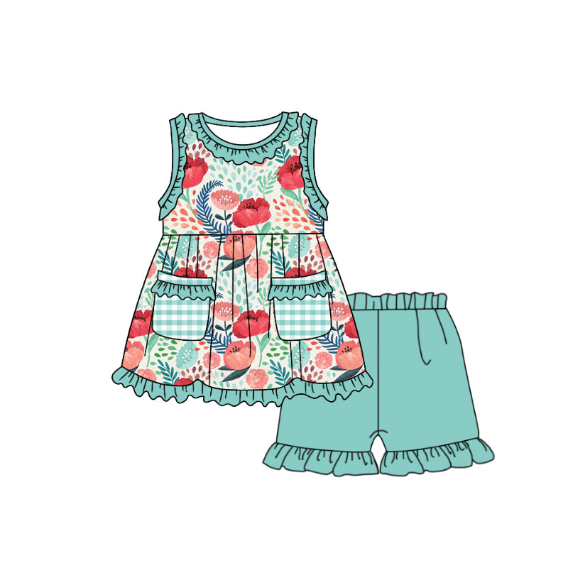 Baby Girls Green Flowers Pockets Top Ruffle Shorts Clothes Sets Preorder(moq 5)