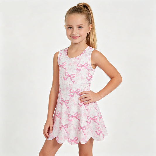 Baby Girls Pink Bows Floral Yoga Activity Short Scallop Knee Length Dresses