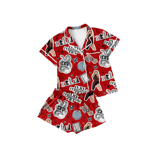 Preorder (moq 5)Baby Girls Red Singer Buttons Top Shirt Shorts Pajamas Clothes Sets