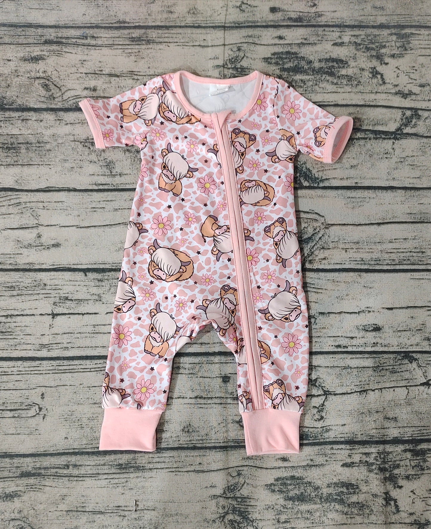 Baby Girls Pink Highland Cow Zip Short Sleeve Rompers