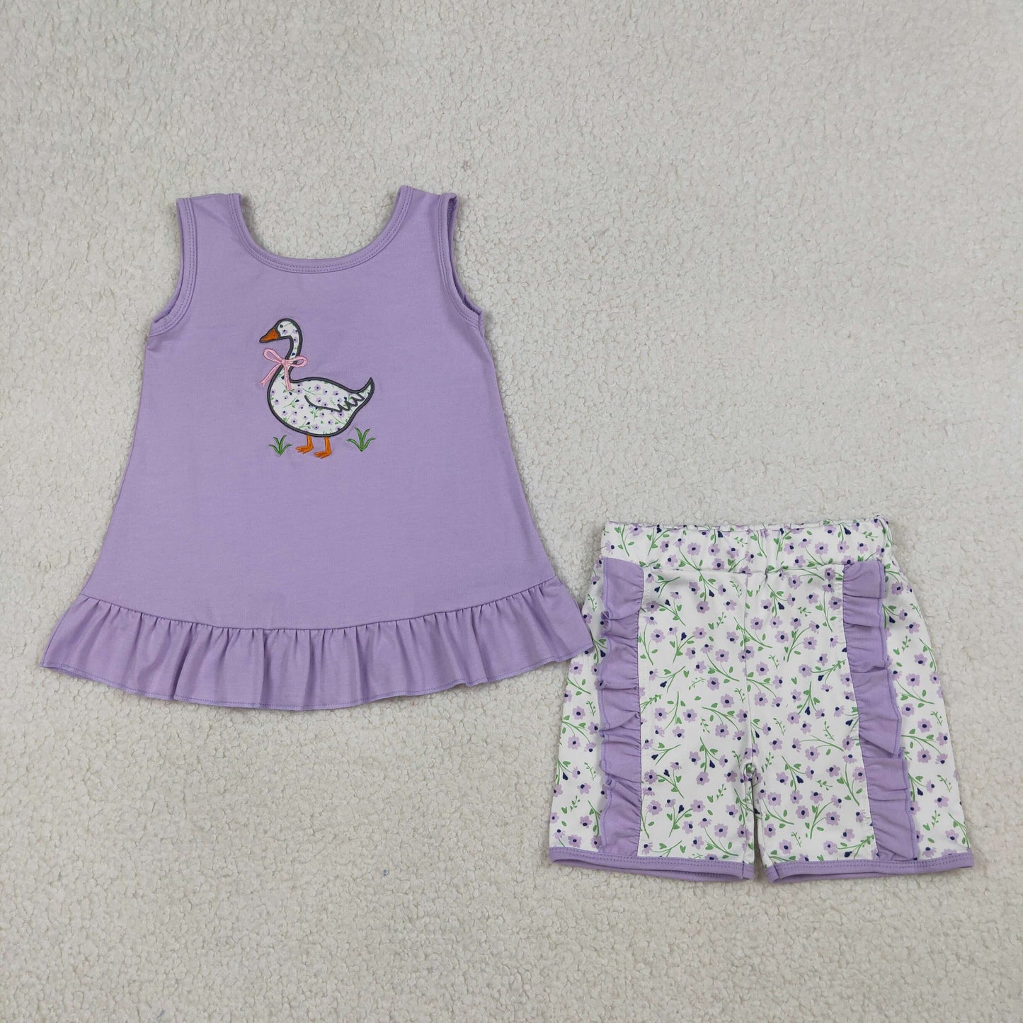 Embroidery Floral Goose Baby Girls Lavender Tunic Ruffle Shorts Clothes Sets