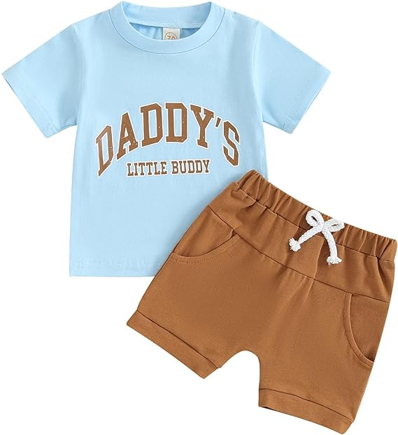 Baby Boys Daddy's Little Buddy Shirt Brown Shorts Clothes Sets preorder (moq 5)