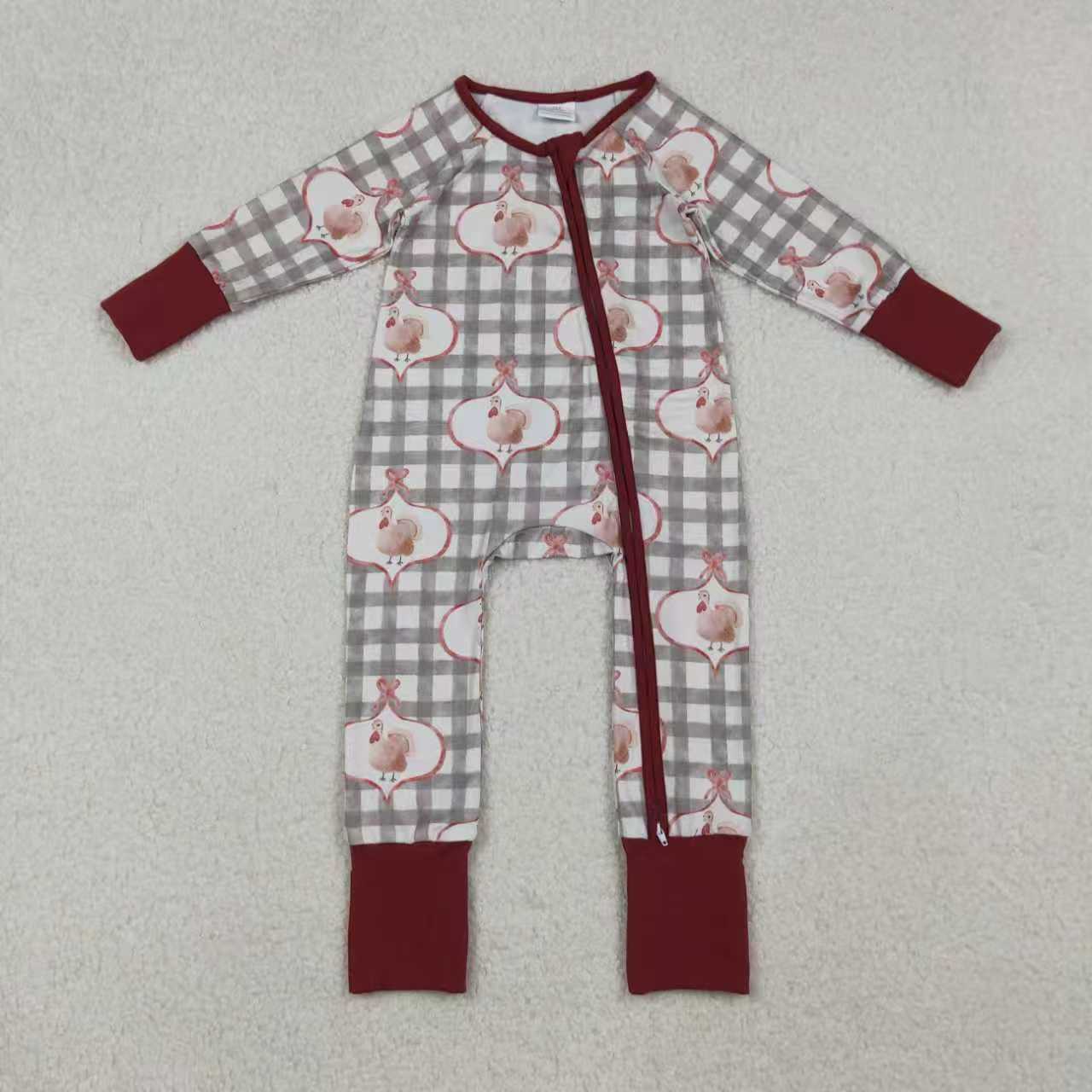 Sibling Baby Girls Turkey Checked Pants Thanksgiving Pajamas Sets Zipper Footie Rompers