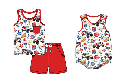 Preorder moq 5 Custom Baby Boys Sleeveless Popsicle Stars Pocket Top Short 4th Of July Set Rompers