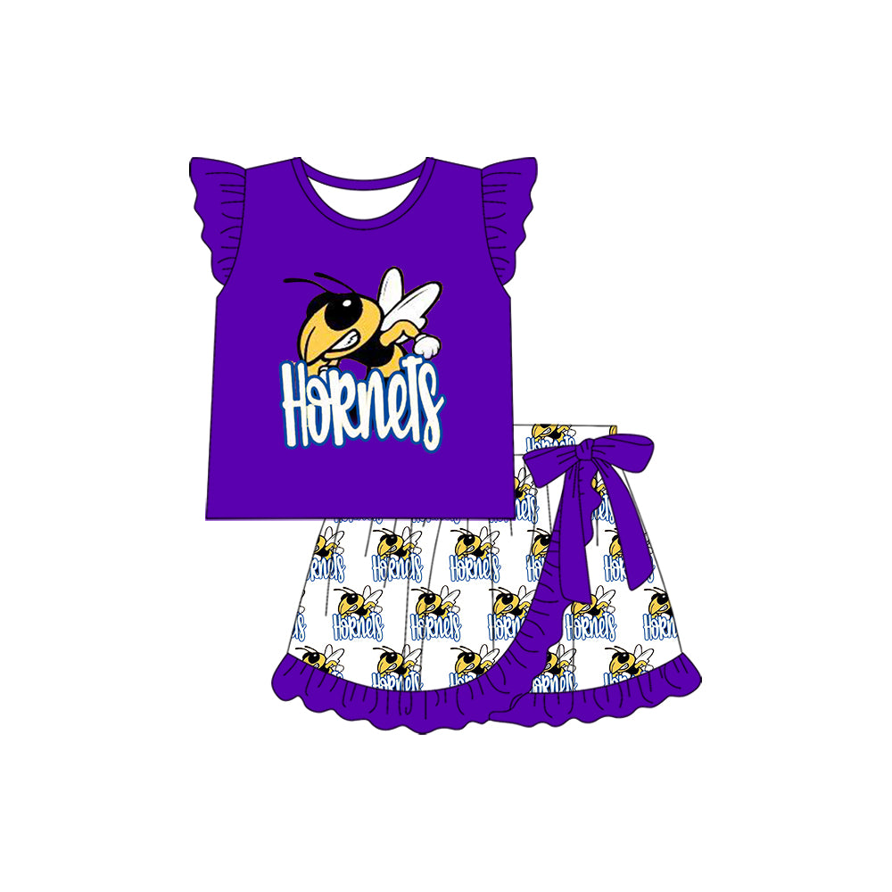 Preorder (moq 5)Baby Girls Purple Hornets Top Ruffle Skorts Team Clothes Sets