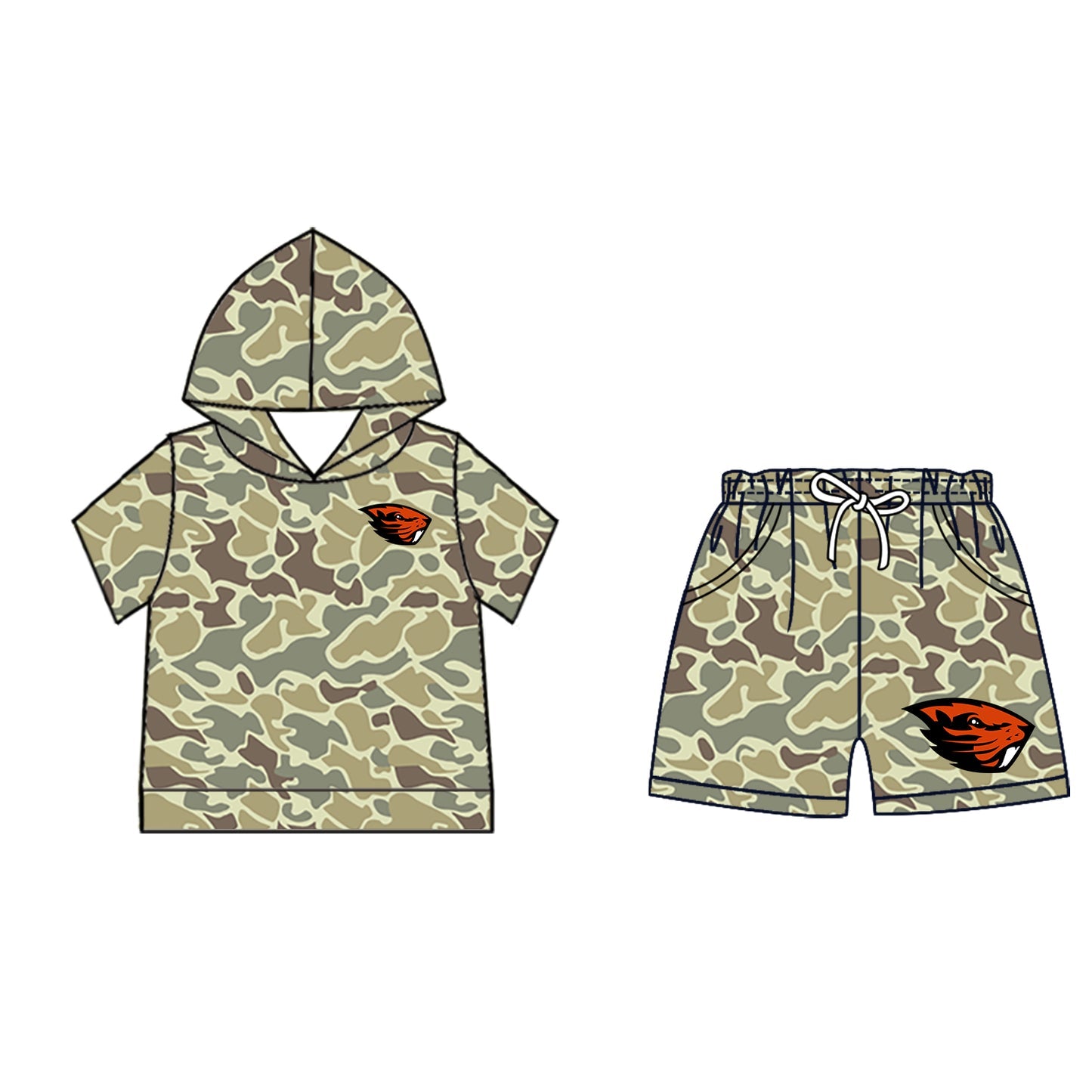 Preorder (moq 5)Baby Boys Khaki Camo Oregon State Beavers Hoodie Pockets Short Team Clothes Set