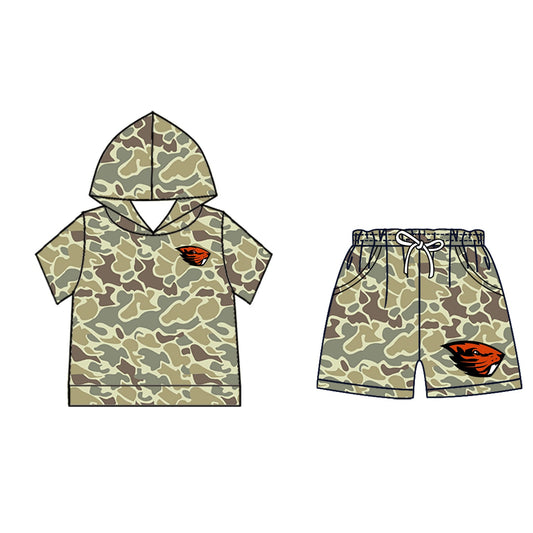 Preorder (moq 5)Baby Boys Khaki Camo Oregon State Beavers Hoodie Pockets Short Team Clothes Set
