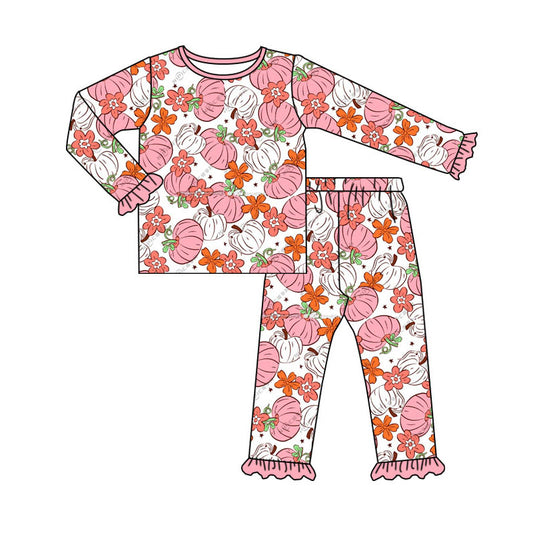 Baby Girls Pink Pumpkins Flowers Top Pants Pajamas Clothes Sets Preorder(moq 5)