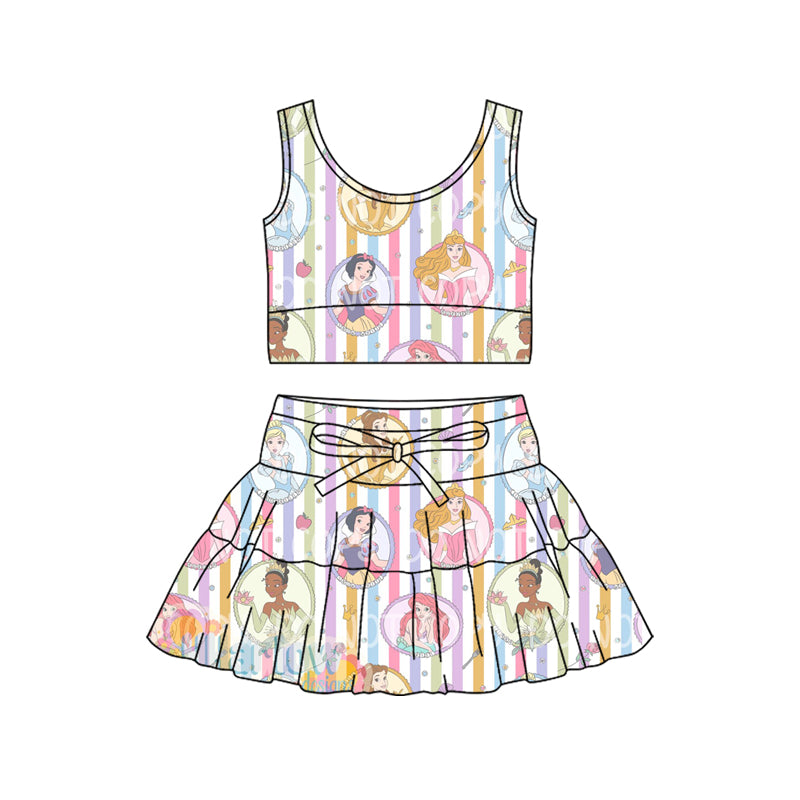 Preorder (moq 5)Baby Girls Sleeveless Stripe Princess Vest Top Skirt Shorts Clothes Set