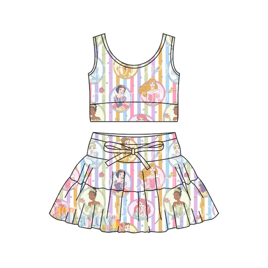 Preorder (moq 5)Baby Girls Sleeveless Stripe Princess Vest Top Skirt Shorts Clothes Set