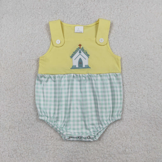 Embroidery Church Cross Baby Boys Sleeveless Checked Rompers