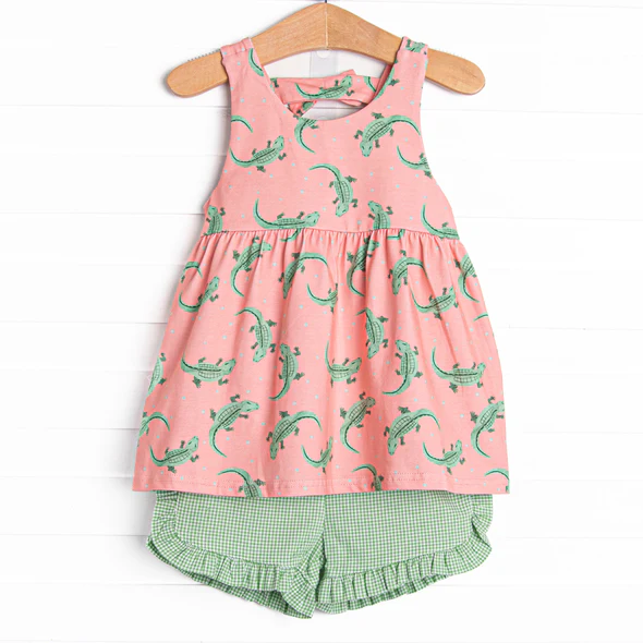 Preorder moq 5 Baby Girls Peach Sleeveless Crocodiles Tunic Green Ruffle Short Set