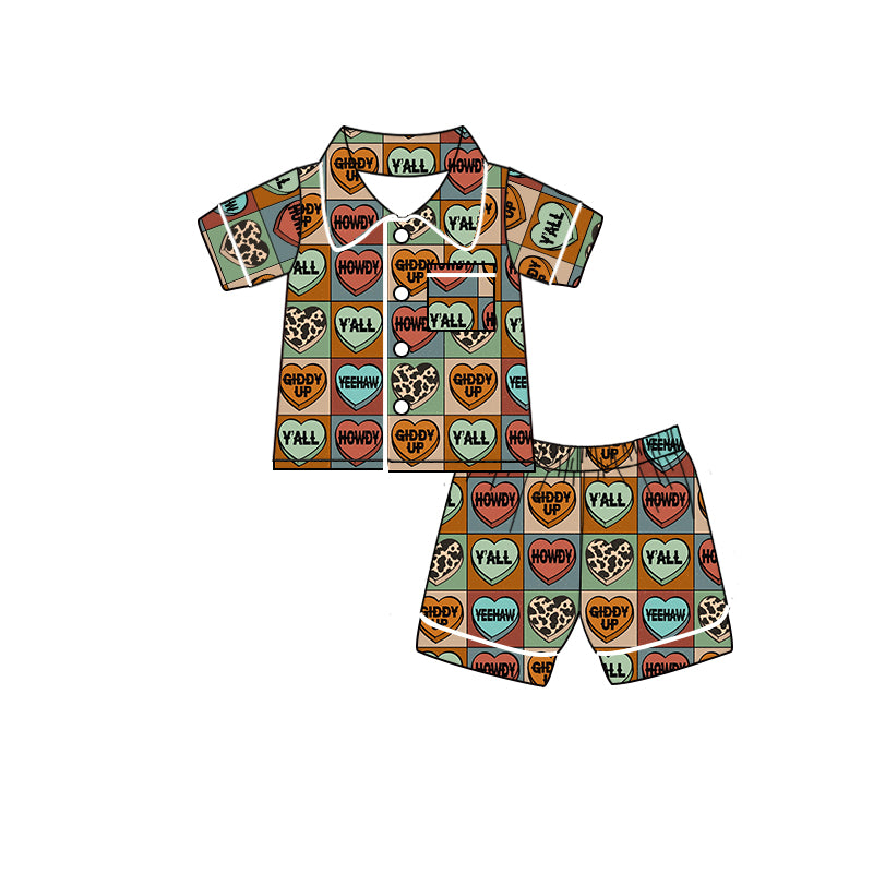 Baby Kids Western Howdy Heart Buttons Shirt Shorts Pajamas Clothes Sets preorder(moq 5)