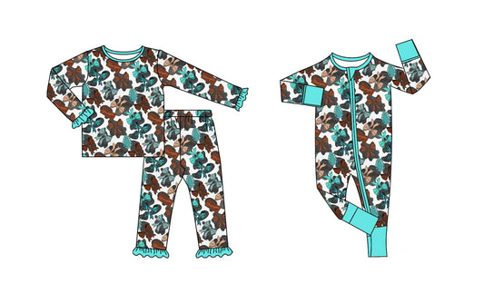 Preorder moq 5 (each item)Baby Girls Turquoise Bows Western Ruffle Pajamas Sets Zipper Rompers