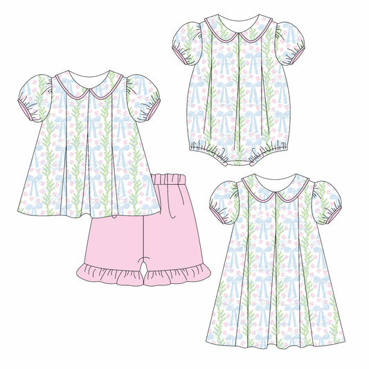 Preorder moq 5 Custom Baby Girls Aqua Bows Floral Tunic Pink Ruffle Short Set Knee Length Dress And Rompers