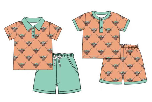 Preorder moq 5 (each item)Baby Boys Highland Cows Button Shirts Top Shorts Western Pajamas Clothes Sets