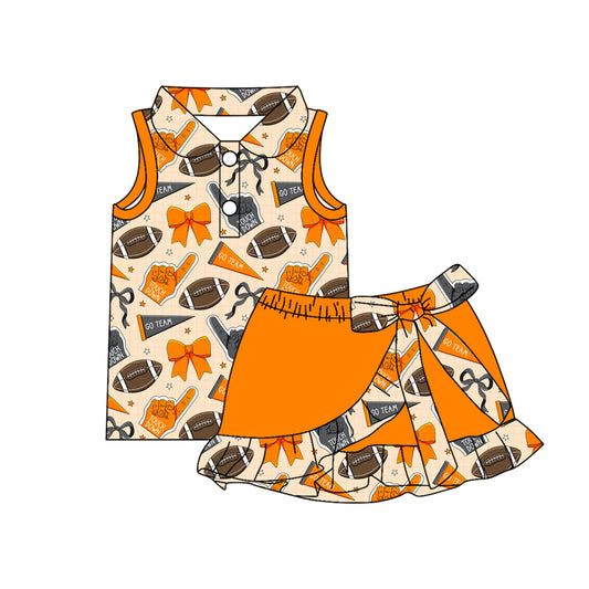 Preorder (moq 5)Baby Girls Footballs Go Team Button Top Ruffle Skirt Shorts Clothes Sets