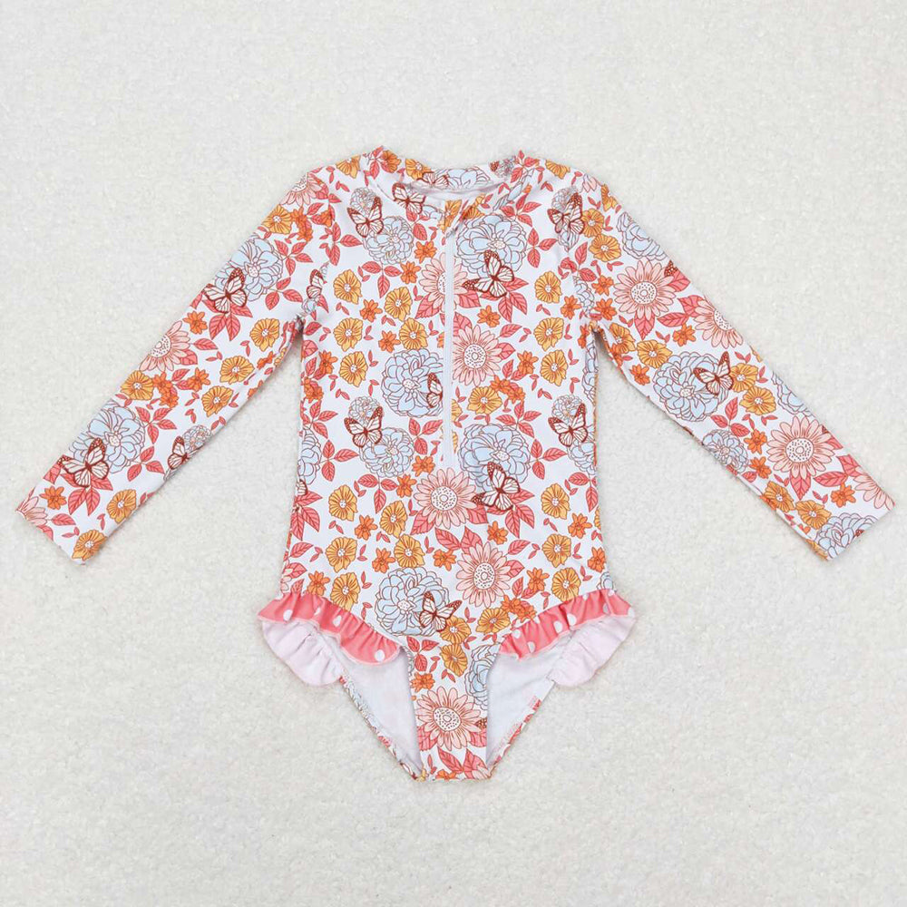 Baby Girls Summer Long Sleeve Flowers One Pieces Swimsuits