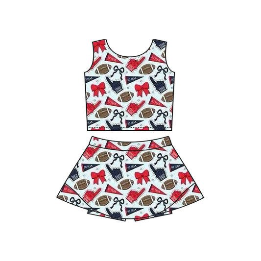 Preorder moq 5 Baby Girls Sleeveless Red Football Cheer Vest Top Skorts Team Set