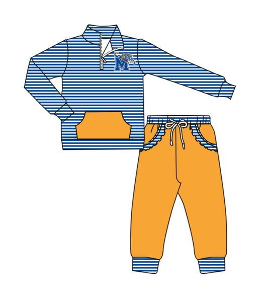 Preorder (moq 5)Baby Girls Blue Stripe M Tiger Zip Pullover Pockets Jogger Team Clothes Sets