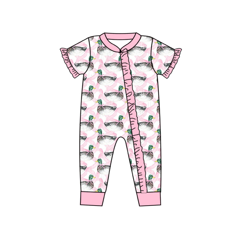 Baby Infant Girls Pink Duck Ruffle Zip Rompers preorder(moq 5)