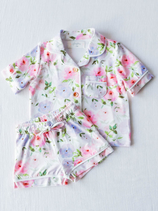 Baby Girls White Pink Flowers Buttons Top Shirt Shorts Pajamas Clothes Sets preorder (moq 5)