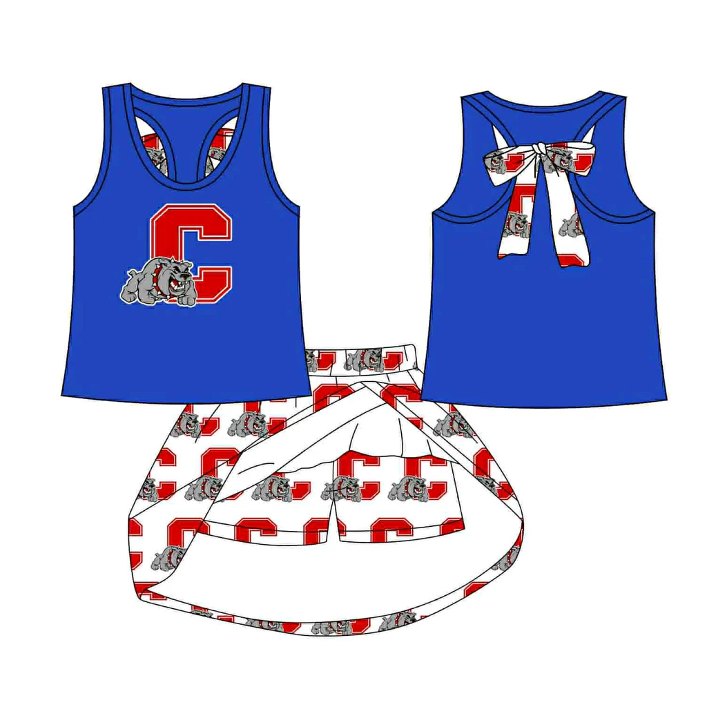 Preorder (moq 5)Baby Girls Blue C Dog bow vest team Top Skirt Skort Sets