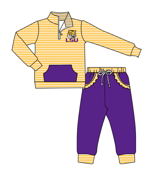 Preorder (moq 5)Baby Girls Orange Stripe LSU Tiger Zip Pullover Pockets Jogger Team Clothes Sets