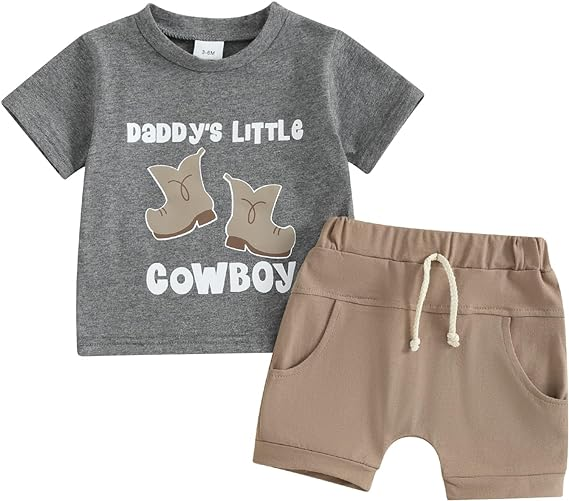 Baby Boys Daddy's Little Cowboy Shirt Brown Shorts Clothes Sets preorder (moq 5)