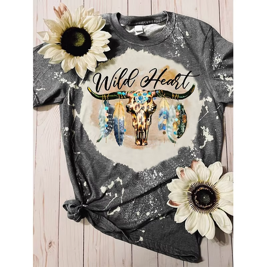 Preorder moq 5 Adult Women Western Wild Heart Cow Feather Bleached Tee Shirts Tops
