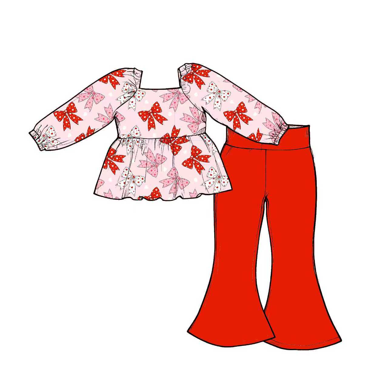 Preorder (moq 5)Baby Girls Hearts Bows Tunic Bell Bottom Pants Valentines Clothes Sets